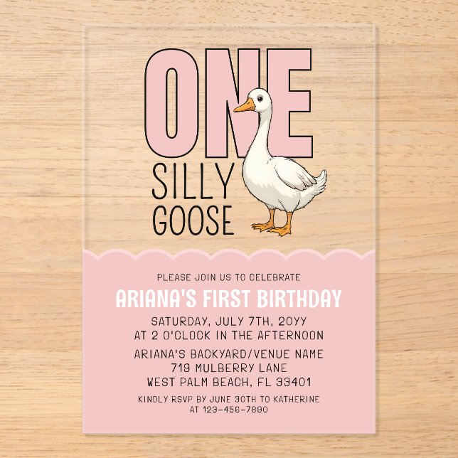 Modern Pink One Silly Goose 1st Birthday Party Acrylic Invitations (Front)