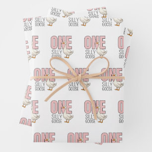Modern Pink One Silly Goose First Birthday Wrapping Paper Sheet