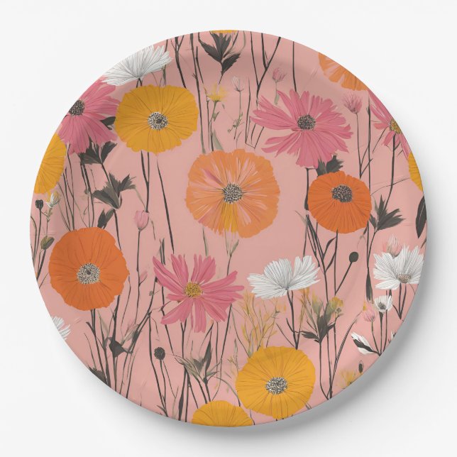 Modern Pink Orange Boho Floral Paper Plate (Front)