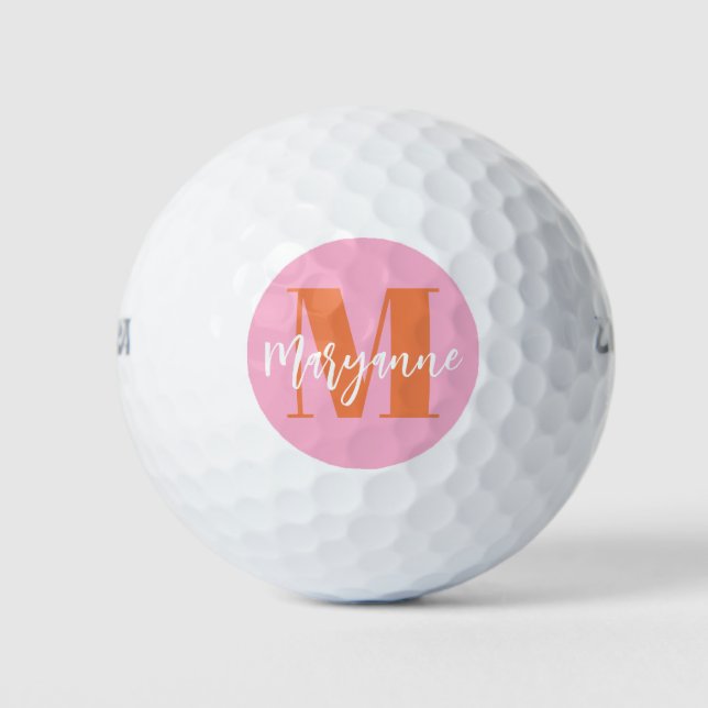 Modern Pink Orange BoId Initial Personalised Golf  Golf Balls (Front)