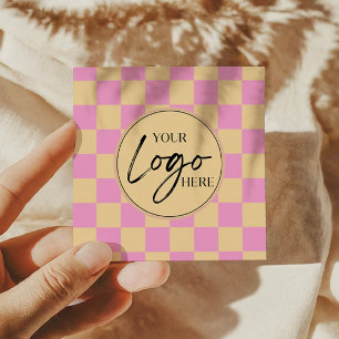 Modern Pink Orange Checkered Custom Company Logo Square Business Card