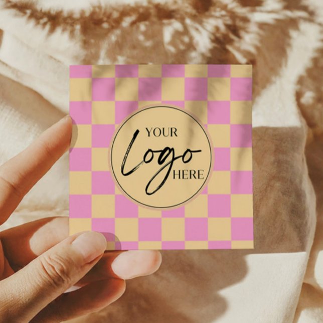 Modern Pink Orange Chequered Custom Company Logo Square Business Card (Creator Uploaded)