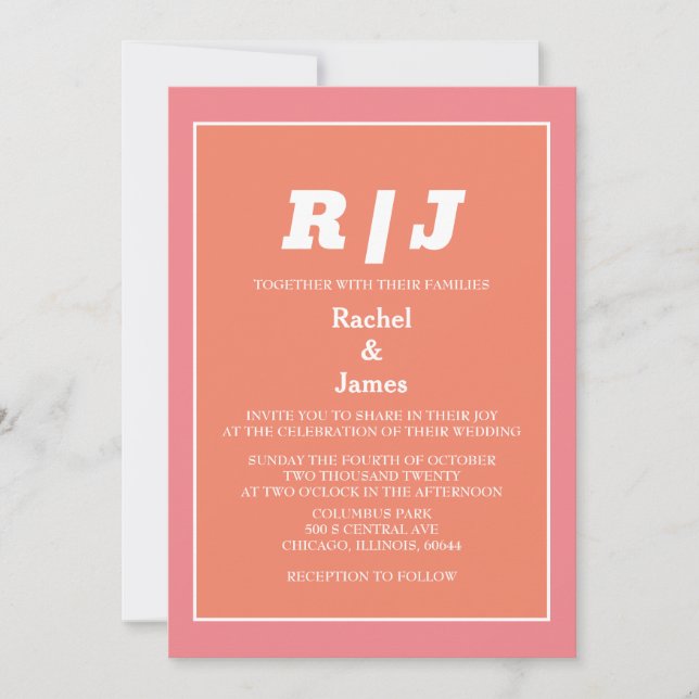 Modern Pink Orange Coral Trendy Minimal Wedding Invitation (Front)