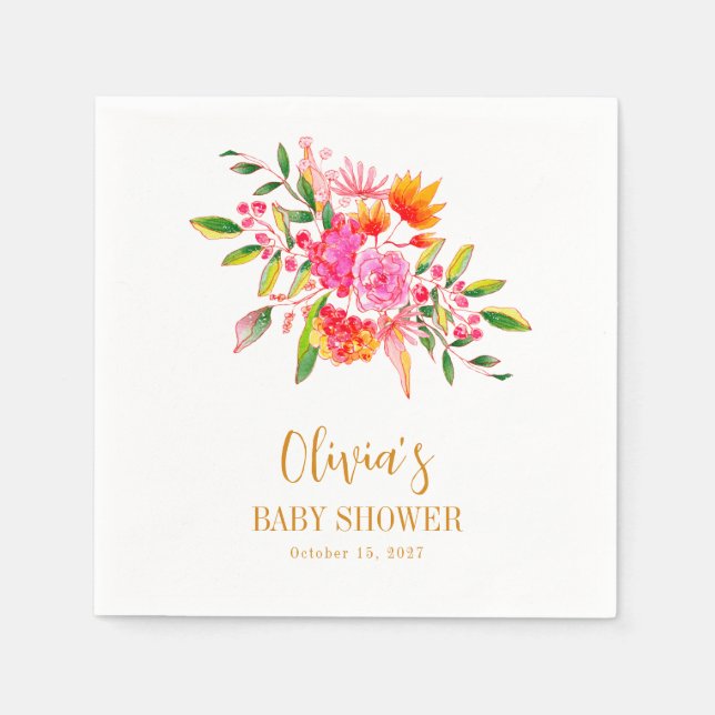Modern Pink Orange Floral Baby Shower Custom Napkin (Front)