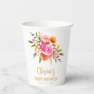 Modern Pink Orange Floral Baby Shower Custom Paper Cups