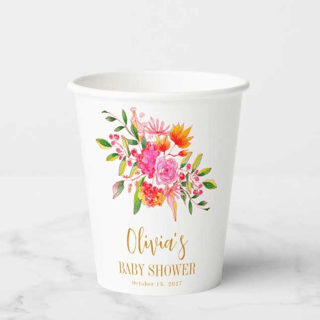 Modern Pink Orange Floral Baby Shower Custom Paper Cups (Front)