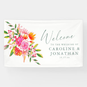 Modern Pink Orange Floral Custom Wedding Welcome Banner