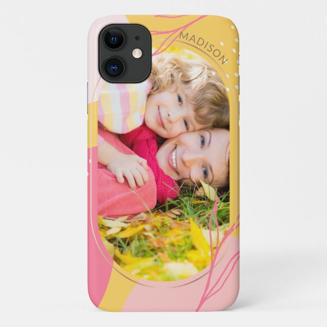 Modern Pink Orange Floral Photo Personalised Name Case-Mate iPhone Case (Back)