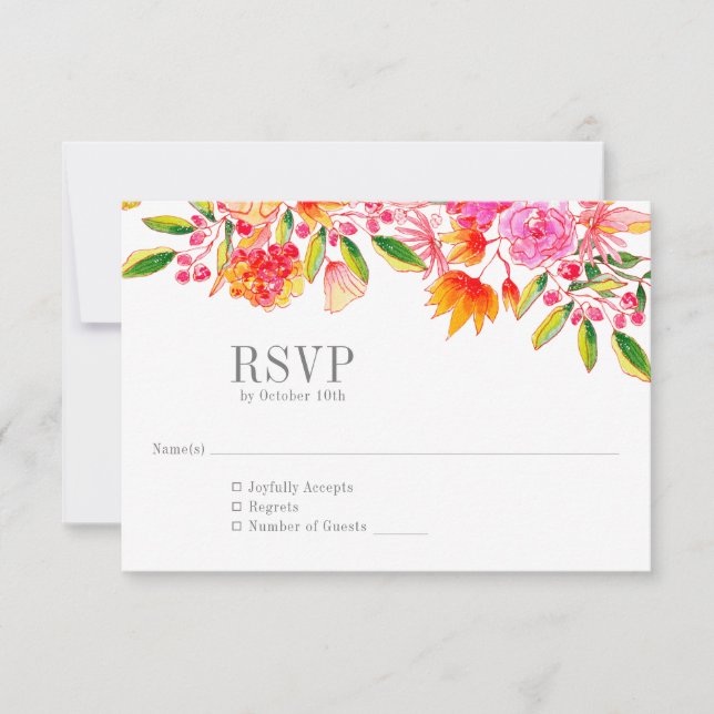 Modern Pink Orange Floral Simple Wedding  RSVP Card (Front)
