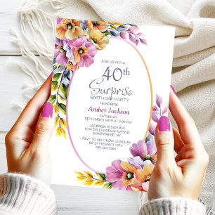 Modern Pink Orange Floral Surprise 40th Birthday Invitation