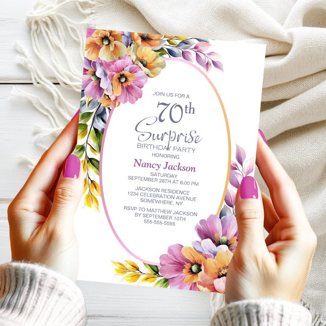 Modern Pink Orange Floral Surprise 70th Birthday Invitation (Creator Uploaded)