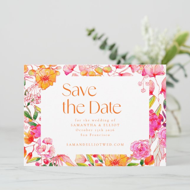 Modern Pink Orange Flowers Simple Wedding Save The Date (Standing Front)