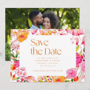 Modern Pink Orange Flowers Wedding Photo Back Save The Date