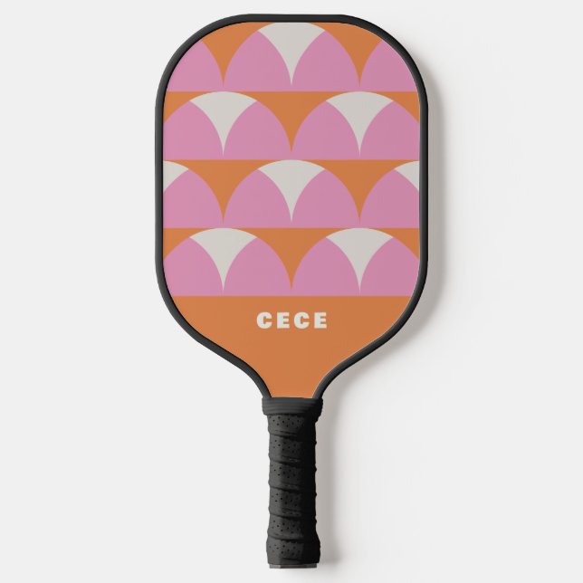 Modern pink orange geometric retro personalised  pickleball paddle (Front)