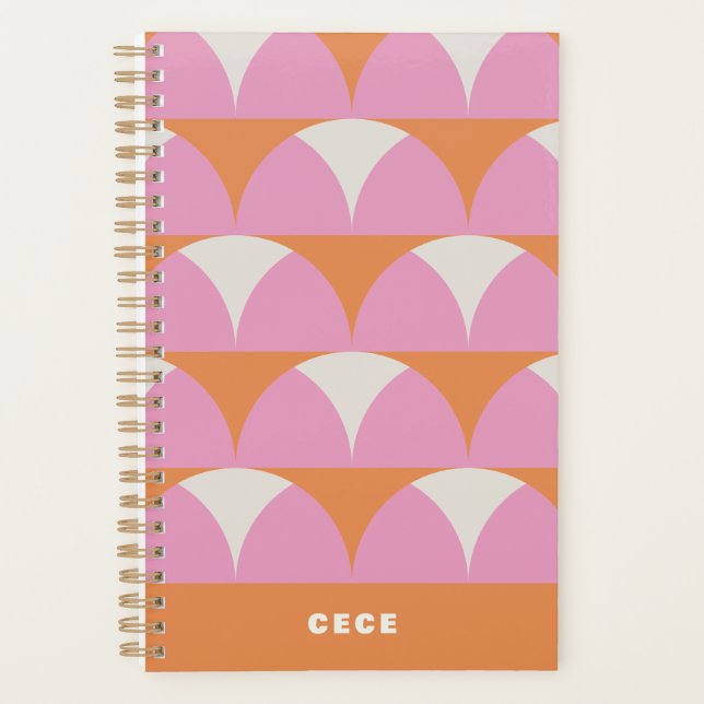 Modern pink orange geometric retro personalised planner (Front)