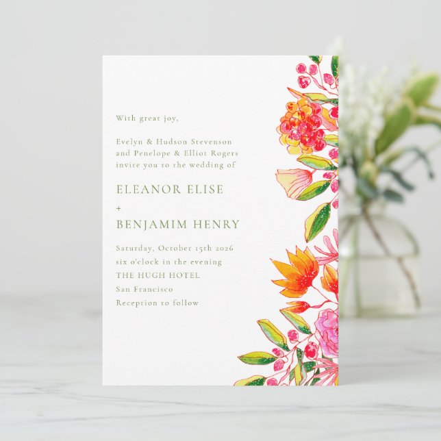 Modern Pink Orange Green Floral Formal Wedding Invitation (Standing Front)