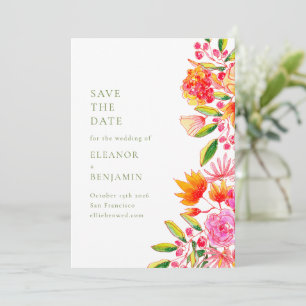 Modern Pink Orange Green Floral Simple Wedding Save The Date