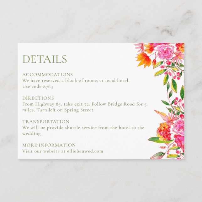 Modern Pink Orange Green Flower Wedding Details  Enclosure Card (Front)