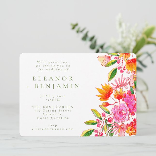Modern Pink Orange Green Watercolor Floral Wedding Invitation (Standing Front)