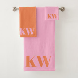 Modern Pink Orange Monogram Initials Personalised Bath Towel Set
