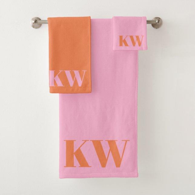 Modern Pink Orange Monogram Initials Personalised Bath Towel Set (Insitu)