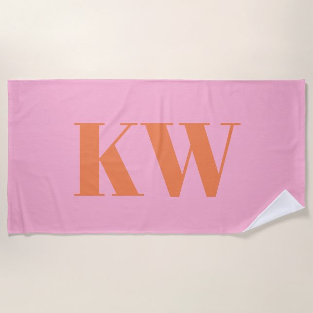 Modern Pink Orange Monogram Initials Personalised Beach Towel (Front)