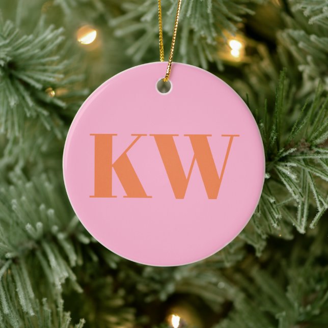 Modern Pink Orange Monogram Initials Personalised Ceramic Tree Decoration (Tree)