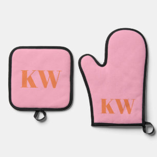 Modern Pink Orange Monogram Initials Personalised Oven Mitt & Pot Holder Set
