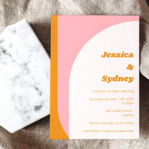 Modern Pink Orange Retro Arch Wedding Bold Invitation
