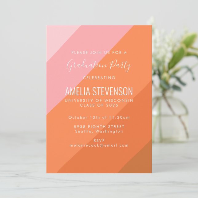 Modern Pink Orange Retro Colourful Graduation Part Invitation (Standing Front)