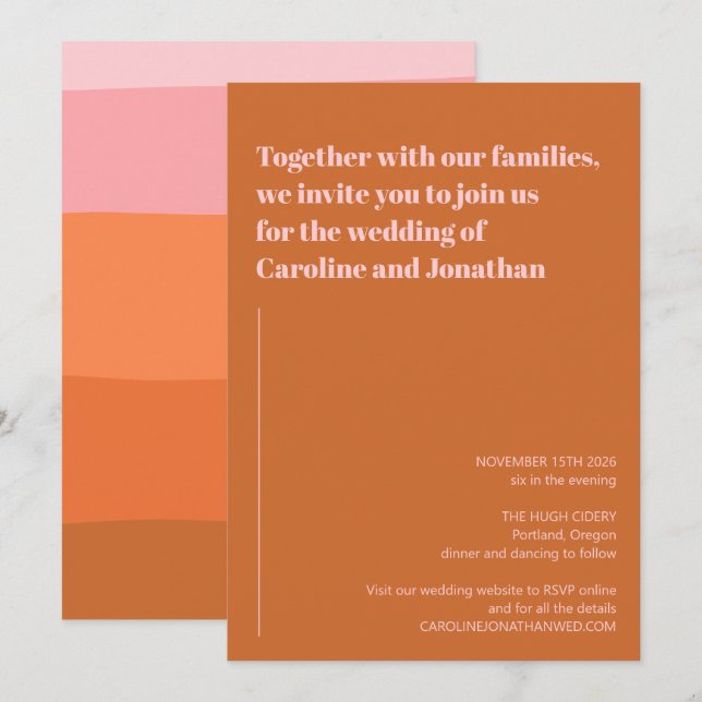 Modern Pink Orange Terracotta Art Stripes Wedding Invitation (Front/Back)