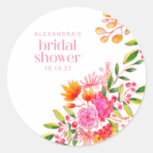 Modern Pink Orange Watercolor Floral Bridal Shower Classic Round Sticker
