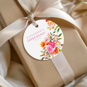 Modern Pink Orange Watercolor Floral Bridal Shower Favour Tags