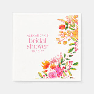 Modern Pink Orange Watercolor Floral Bridal Shower Napkin