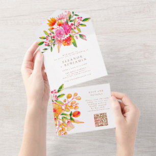 Modern Pink Orange Watercolor Floral Wedding QR All In One Invitation