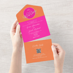 Modern Pink Orange Wedding Invitation with QR Code