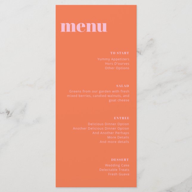 Modern Pink Orange Wedding Tall Template Menu (Front)