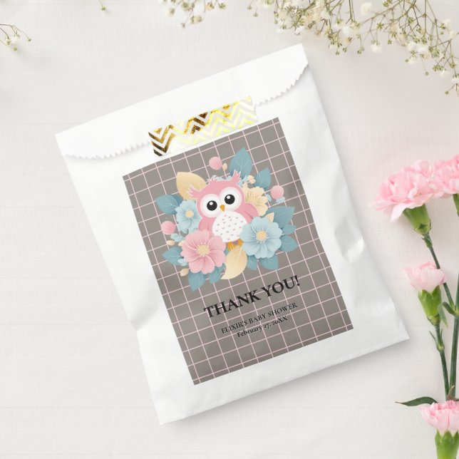 Modern Pink Owl Floral & Grid Baby Shower Favour Bags (Sealed)