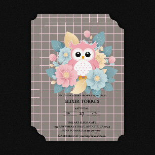 Modern Pink Owl Floral & Grid Baby Shower Invitation