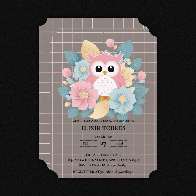 Modern Pink Owl Floral & Grid Baby Shower Invitation (Creator Uploaded)