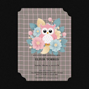 Modern Pink Owl Floral & Grid Baby Shower Invitation