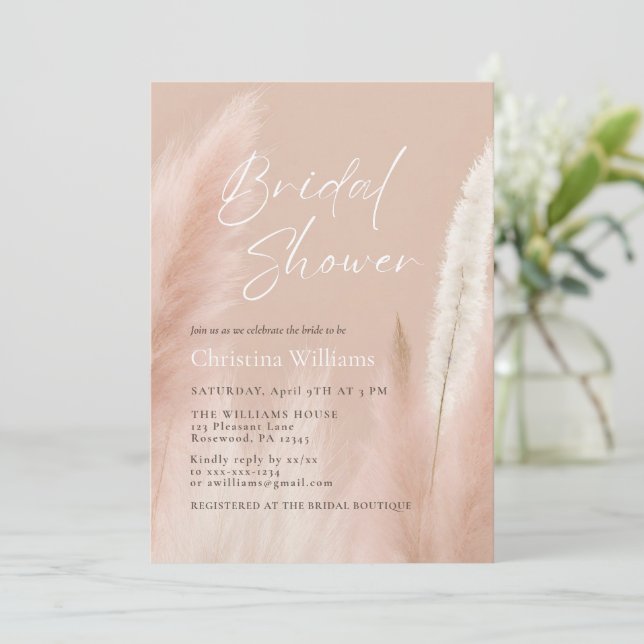 Modern Pink Pampas Grass Bridal Shower Invitation (Standing Front)