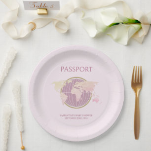 Modern Pink Passport-Themed Baby Shower Paper Plate