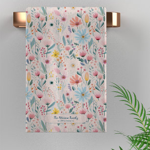 Modern pink pastel floral family name personalised bath towel set