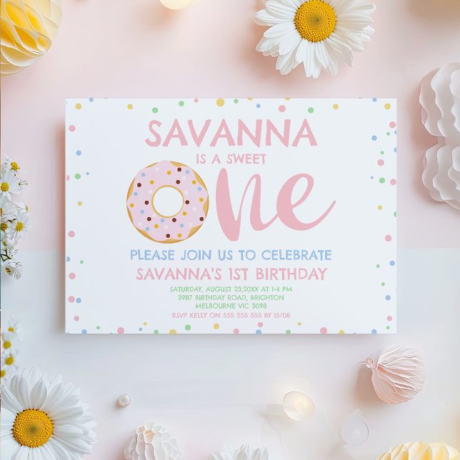 Modern Pink Pastel Sweet Donut 1st Birthday  Invitation (Sweet One 1st Birthday Invitation For Baby Girl, Donut 1st Birthday Invitation Template,
Modern 
)