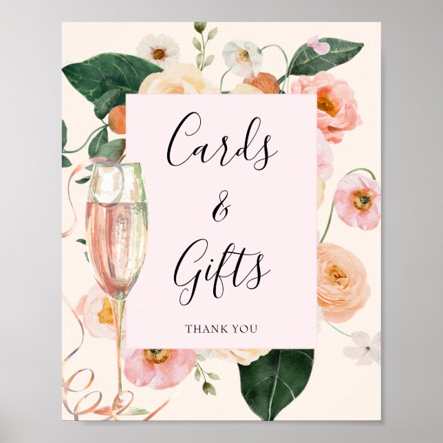 Modern Pink Peach Floral Champagne Bridal Shower Poster (Front)