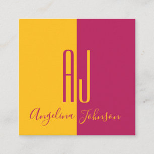 Modern Pink Peacock and Aspen Gold Trendy Monogram Square Business Card