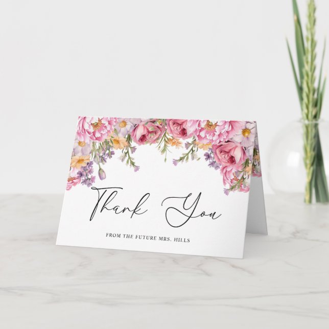 Modern Pink Peonies Floral Bridal Shower Thank You Card (Front)