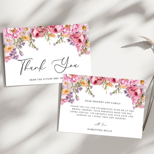 Modern Pink Peonies Floral Bridal Shower Thank You Card (Creator Uploaded)