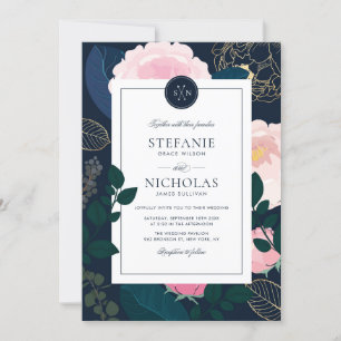 Modern Pink Peonies Gold Foil Monogram II Wedding Invitation